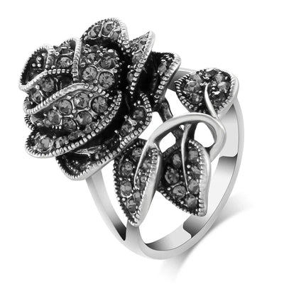 Vintage Rose Flower Rhinestone Ring