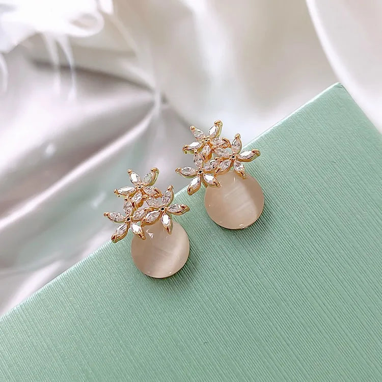 Flower Rhinestone Opal Stud Earrings