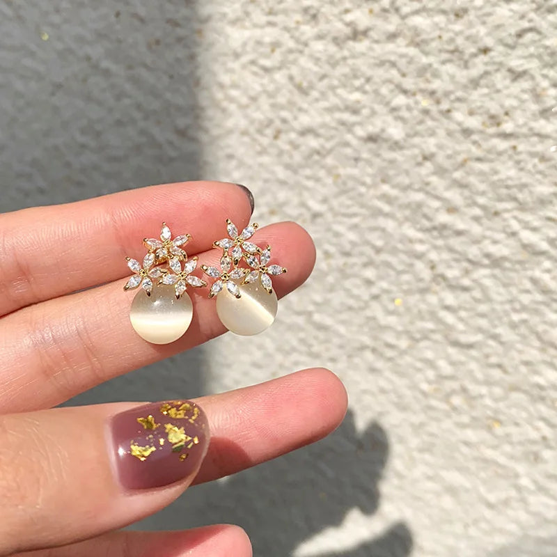 Flower Rhinestone Opal Stud Earrings