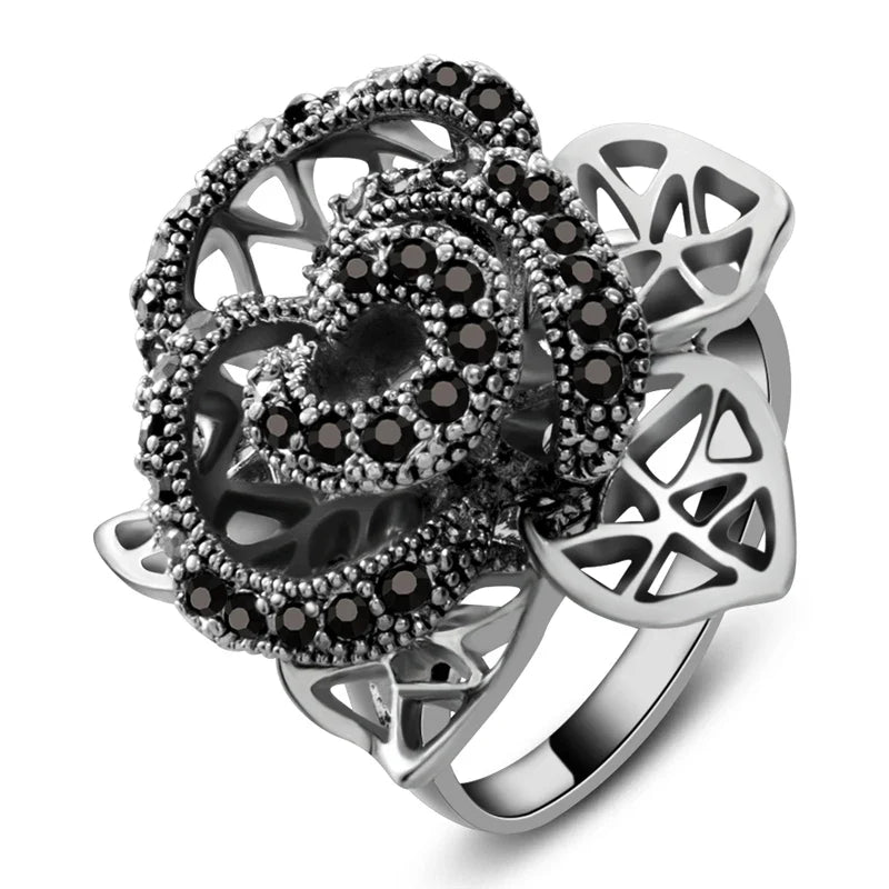 Vintage Rose Flower Rhinestone Ring