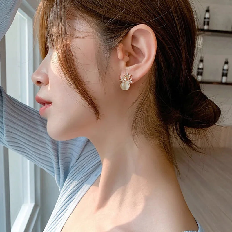 Flower Rhinestone Opal Stud Earrings
